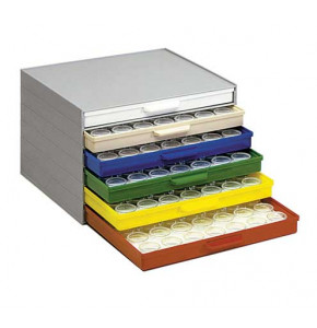 PM drawer cabinets + 252 boxes with magnifying lid