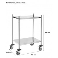 Stainless steel trolley without handle - 750x500 - 2 smooth trays - dropped edges