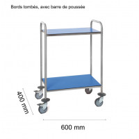 Stainless steel trolley with 2 blue resin trays and push handles - 600x400 mm