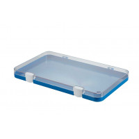 Plastic assortment box with light blue base and clear lid - 303x182xH28 mm