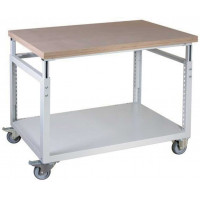 Steel workbench on wheels with beech covered worktop - L1000 mm