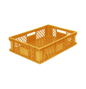 Perforated yellow EURO container 600 x 400 x 150 mm - open handles