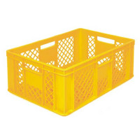 Perforated yellow EURO container 600 x 400 x 240 mm - open handles