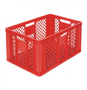 Perforated red EURO container 600 x 400 x 320 mm - open handles