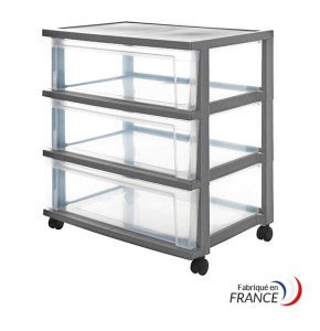 Large tour de rangement 3 tiroirs de 30L avec roulettes