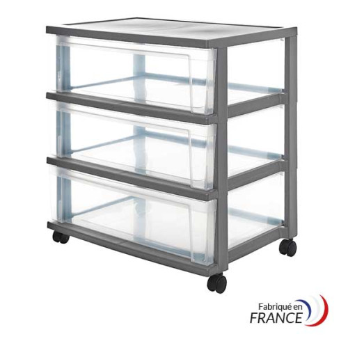 Large tour de rangement 3 tiroirs de 30L avec roulettes