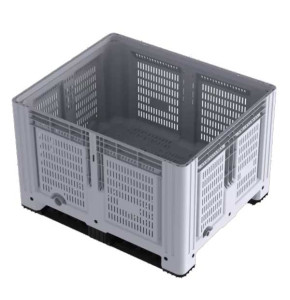 Caisse-palette ajourée 1200x1000x780 mm en PEHD gris - 2 semelles