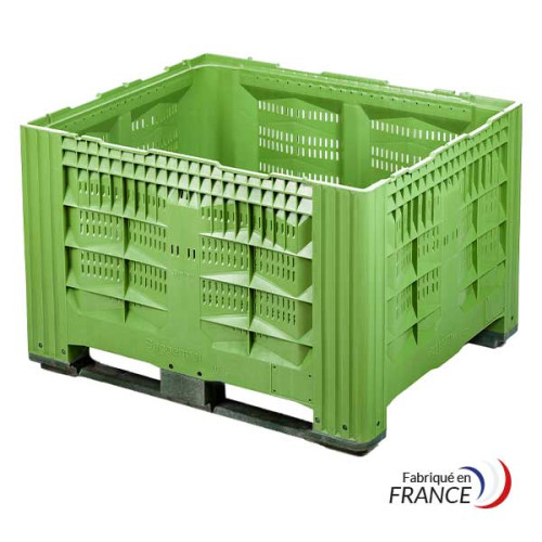 Caisse-palette ajourée verte 1200 x 1000 x 785 mm - 2 semelles