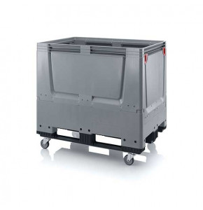 Foldable solid pallet box 1200 x 800 x 1140 mm with 4 wheels and 3 skids