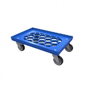 Blue trolley for 600x400 bin with 4 swivel wheels, 2 with brake