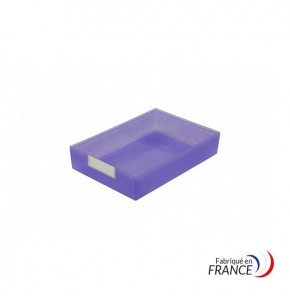 Purple presentation tray with cardboard label