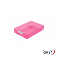 Pink presentation tray with cardboard label